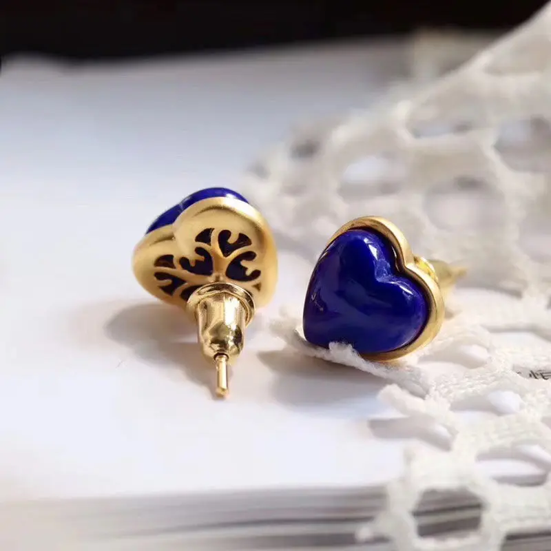 

Natural Lapis Lazuli Earrings S925 Sterling Silver Heart Shaped Love Small Ear Studs Heart Shaped Graceful and Cute Earring Orna