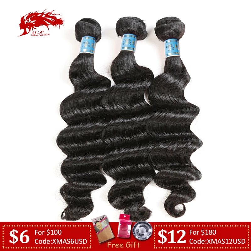 Ali queen hair Virgin Hair 3 шт перуанские свободные глубокие человеческие волосы ткет пряди натуральный цвет 1"-26" человеческие волосы для наращивания
