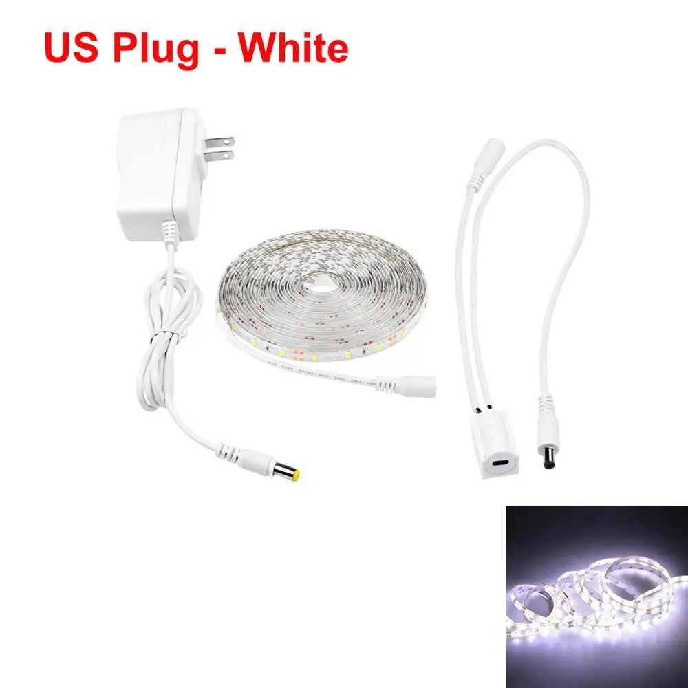 US Plug White Ручной переключатель, светодиодный светильник для шкафа s, датчик движения, светодиодный, 1 м, 2 м, 3 м, 4 м, 5 м, кухонный ночник, Светодиодная лента, светильник для спальни - Цвет: US Plug White