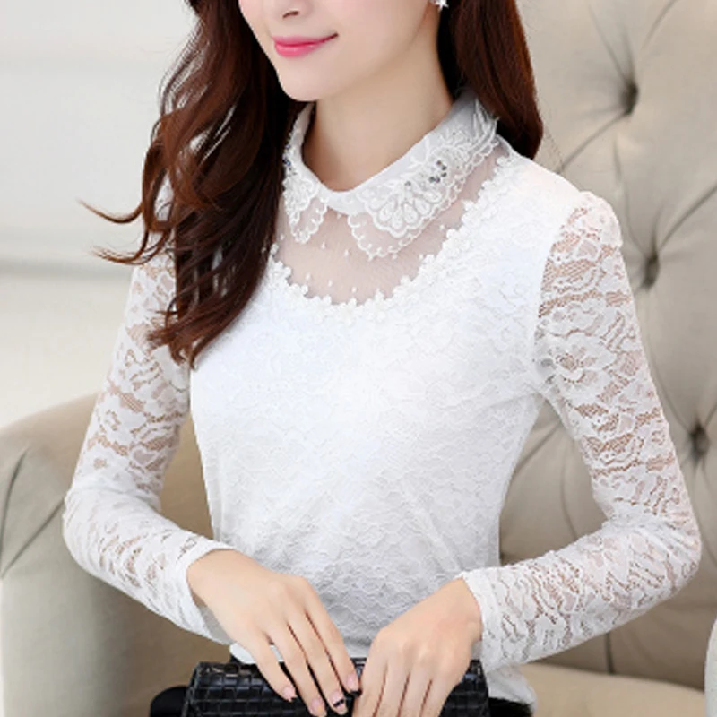 Womens tops and blouses 2020 lace blouse women black shirts Diamonds Solid Peter pan Collar plus size blusas 7144 50 |
