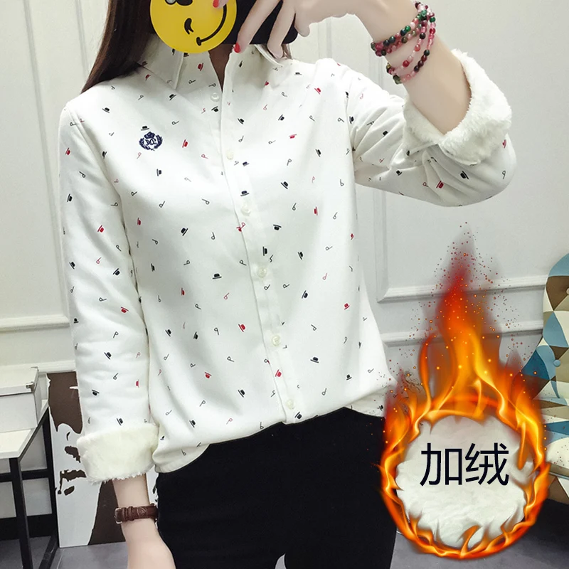 2019 Корейские осенние весенние плотные теплые женские топы и блузки с принтом