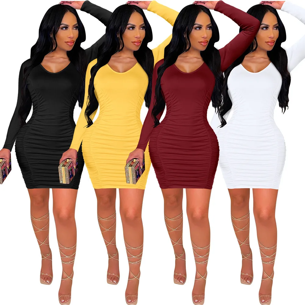 

Zoctuo Long Sleeve Mini Dress Solid Casual V Neck Slim Bodycon Dresses Pleated Sexy Clothes High Street Party Club Wear Vestidos