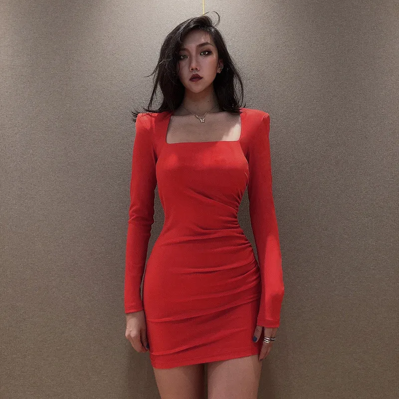 

Thorn Tree 2021 New Sexy Women Long Sleeve Square Collar Dress Shoulder Padded Solid Color Pencil Dress Ladies Female Party Wear