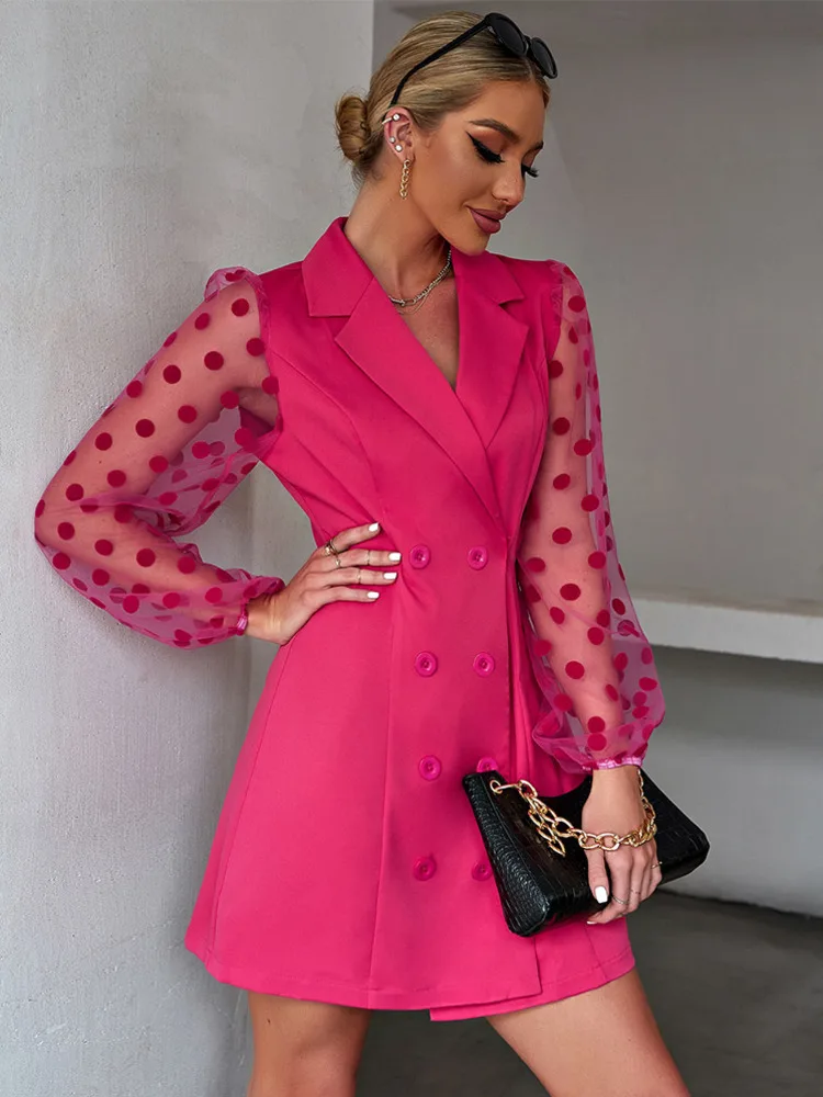 

Женский двубортный Блейзер DGIRL, контрастный сетчатый блейзер с рукавами «Бишоп» и воротником с лацканами, зимний костюм, пальто