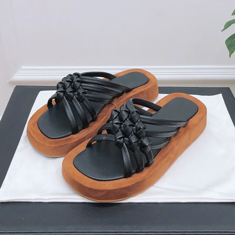 

2021 Purple Weave Leather Beach Slippers Women Open Toe Thick Bottom Flat Shoes Woman Fashion Mules Slides Sandals