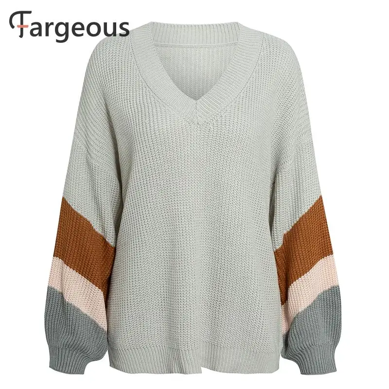 Женский лоскутный свитер размера плюс с v-образным вырезом Свободный пуловер в