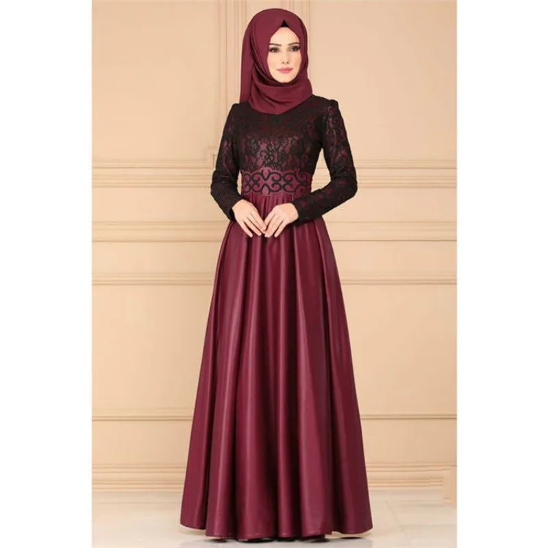 

Muslim National Style Spring and Autumn Fashion Lace Stitching Solid Color Retro Big Swing Dress Casual Long-sleeved Slim Dress
