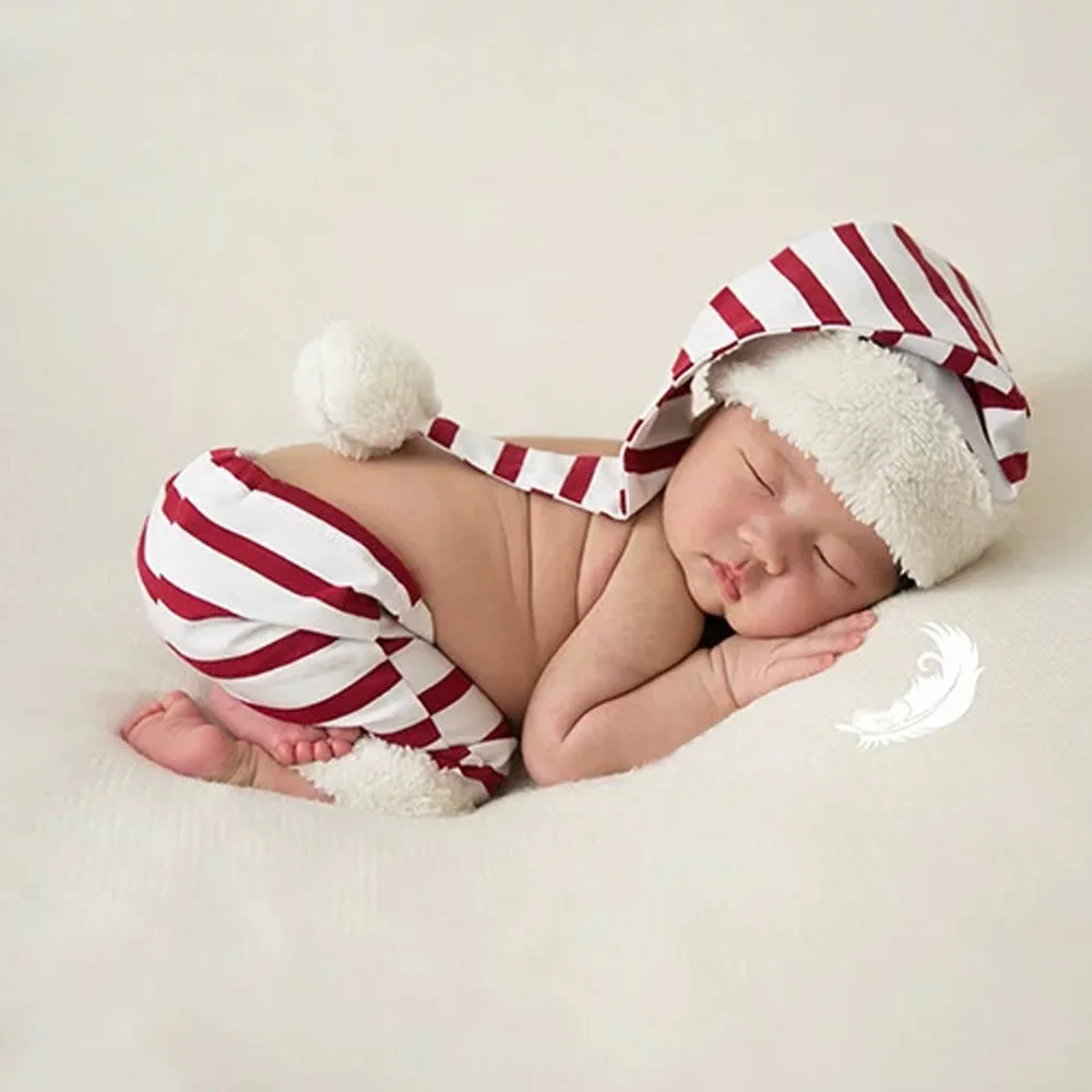 Костюм для фотосъемки новорожденных Рождественская тематика Стайлинг красно-белая полосатая шляпа + шорты комплект для новорожденных Фото...