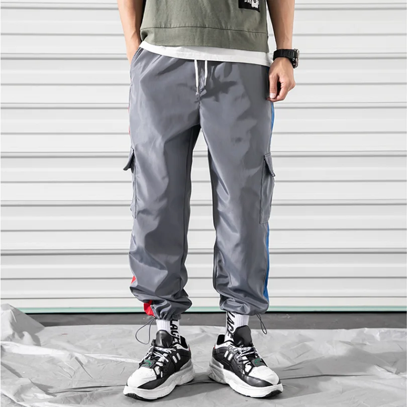 Gray - LY307 BINHIIRO мужские брюки-карго на бедрах, хлопок, полиэстер, на завязках, с карманами, повседневные, мужские, полная длина, зеленый, белый, черный, фиолетовый цвет - Цвет: Gray - LY307