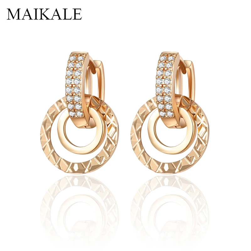 Женские круглые серьги-гвоздики MAIKALE, геометрические серьги с покрытием золотистого/серебристого цвета и двойным кольцом с фианитом