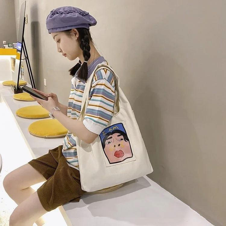 

Ins Harajuku simple versatile leisure funny personality figure illustration girl student canvas bag shoulder bag