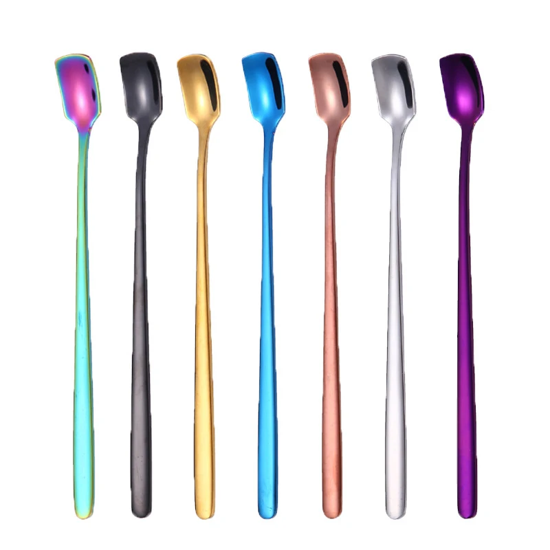 

Creative Square Head Long Handles Stainless Steel Coffee Spoon Stirring Ice Cream Dessert Spoons for kitchen Gadget accessories