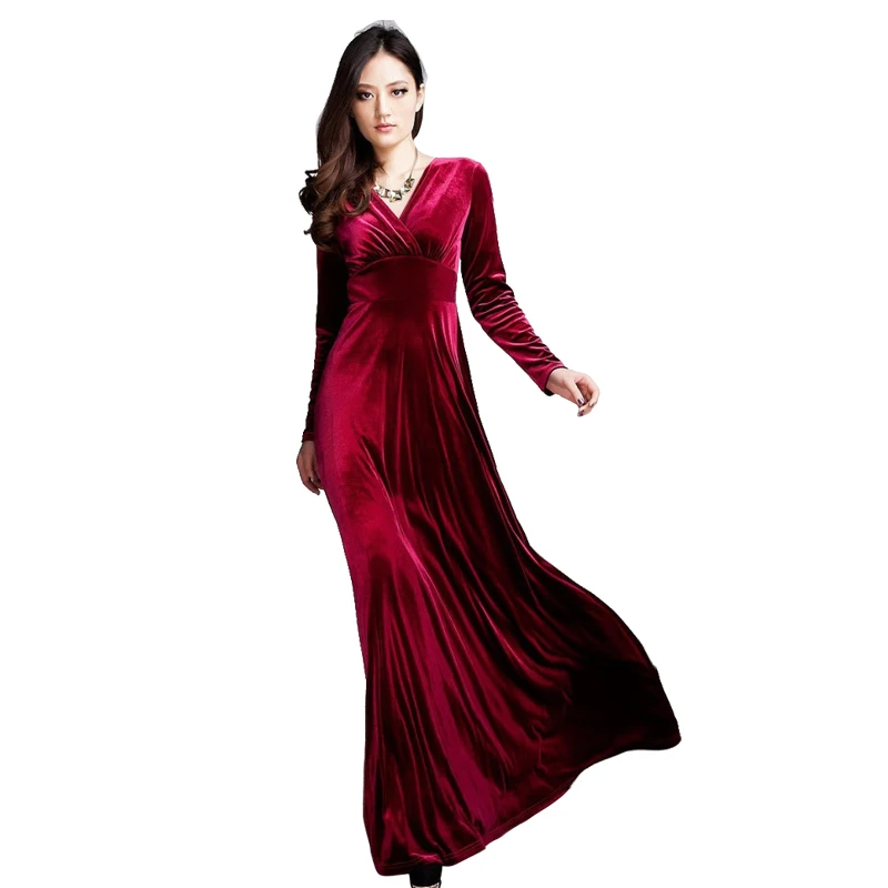 Autumn women's long sleeve dress winter Gold velvet Extra V-neck dresses | Женская одежда