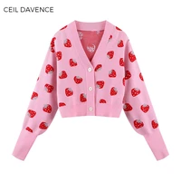 2021 new spring autumn strawberry print women cardigans sweater fashion slim ladies knitted sweater korean style female tops