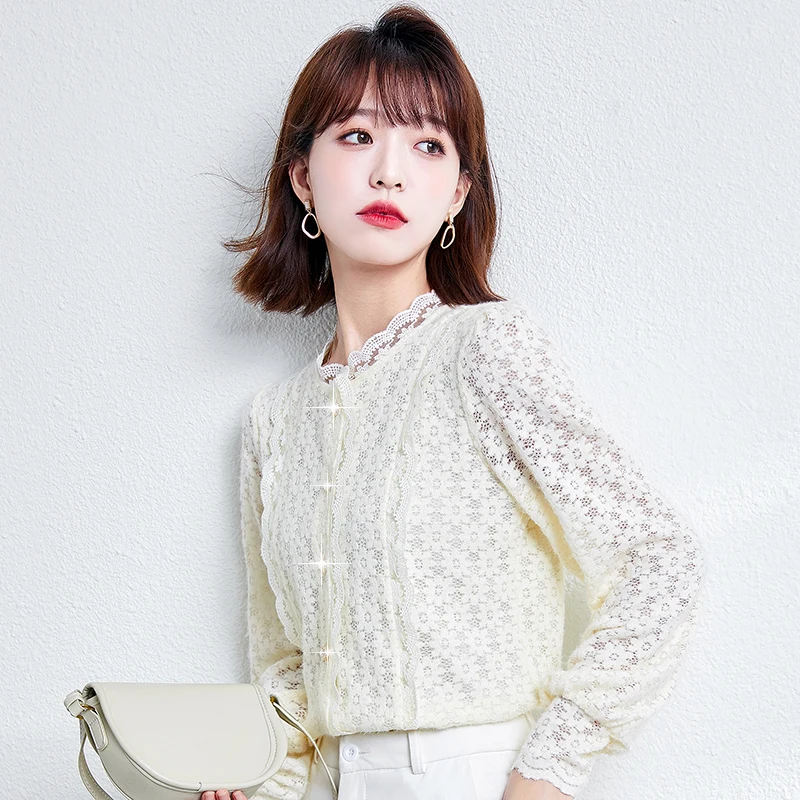 

Шифоновая женская блузка, кружевная рубашка для девочек, летняя свободная однотонная Офисная Женская блузка с круглым вырезом, Модный повс...