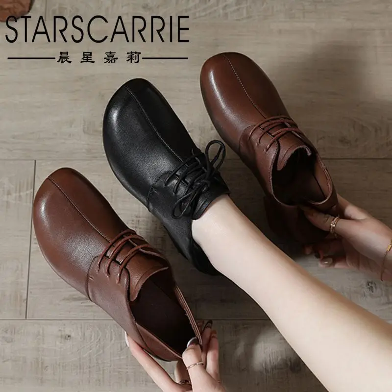 

2021 spring new thick-heeled leather women's singles shoes lace up Korean women's shoes all-match comfortable work shoes
