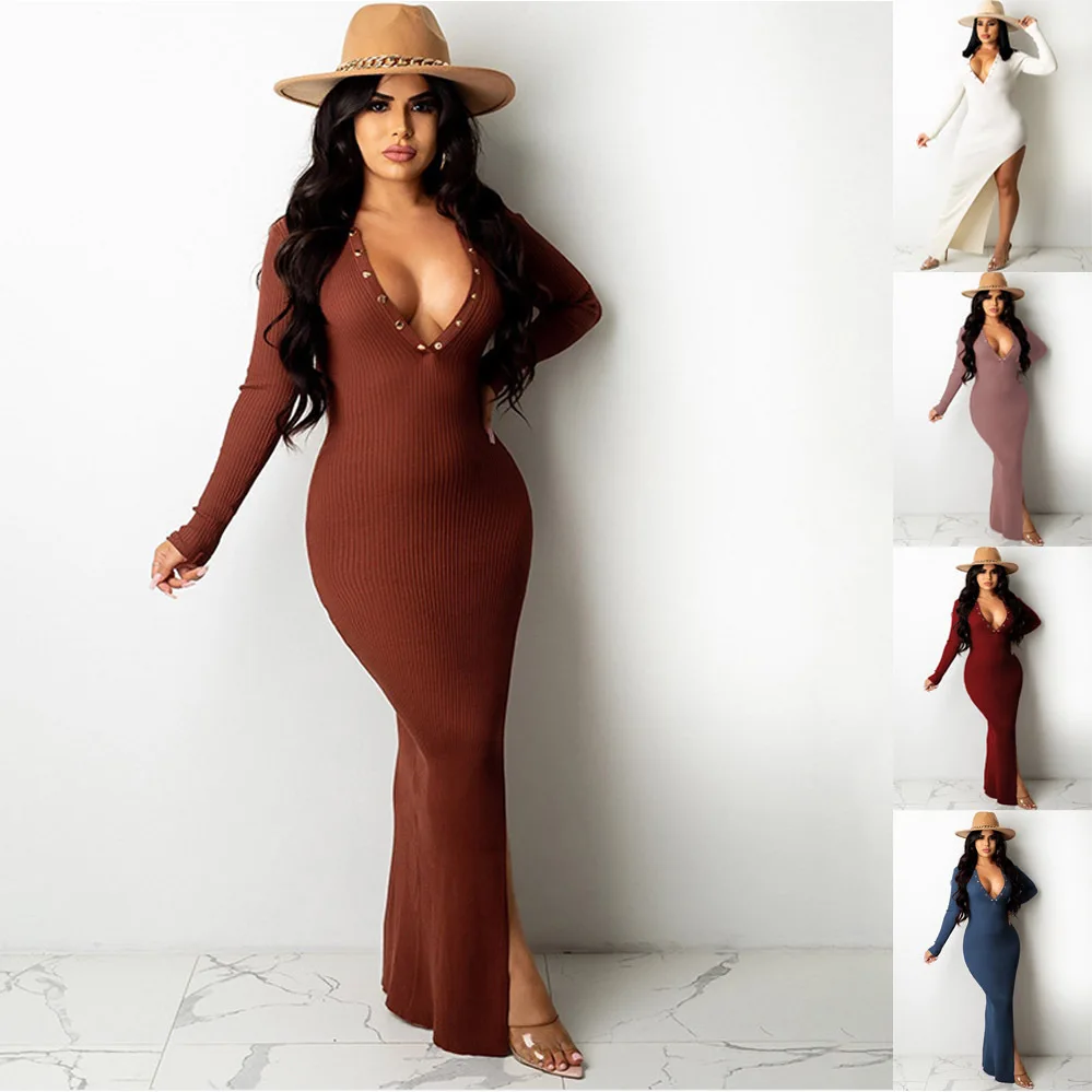 

2021 New Autumn, Spring and Winter Fashion Slim Concealed Lapel Backless Long Sleeve Split Mid-length Dress