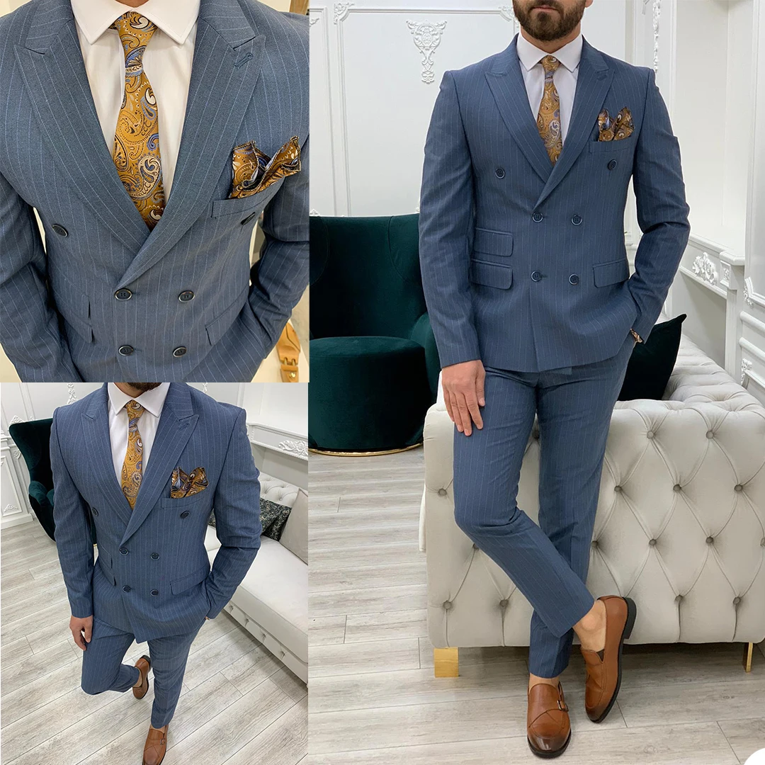 

Handsome Groom Mens Coat Pants Suits Casual Peaked Lapel Stripe Formal Party Tailored Fit Prom Tuxedos Blazer 2 Pieces