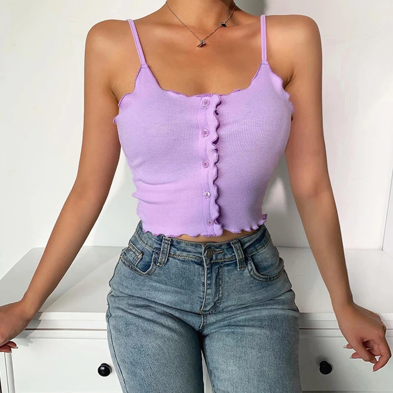 

2021 Spaghetti Strap Ruffles Women Crop Top Sexy Backless Vintage Sleeveless Knitted Ladies Tank Top Casual Loose Female Tops