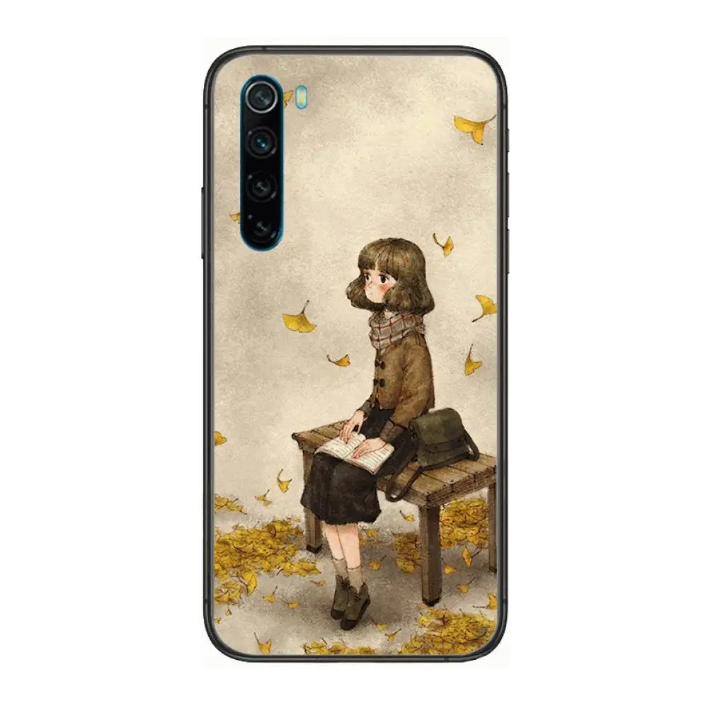 

Simple girl ins cartoon Phone Case For XiaoMi Redmi Note 9S 8 7 6 5 A Pro T Y1 Anime Black Cover Silicone Back Pretty