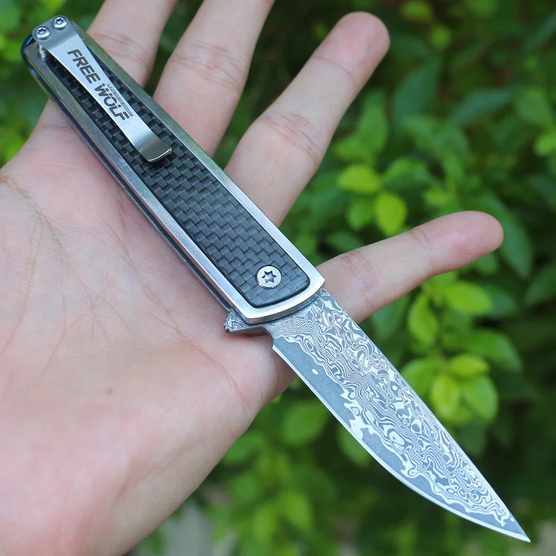 Beli Taktis Saku Pisau Lipat VG10 Damaskus Pisau Fiber Karbon Menangani Outdoor Camping Survival Pisau Berburu EDC Alat