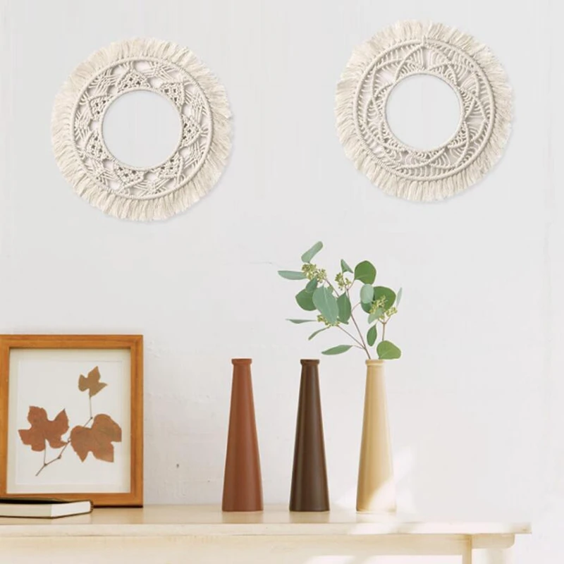 

Hanging Wall Mirror with Macrame Fringe 2 Set Small Round Decoration Boho Antique Mirror Frame for Apartment Living Room