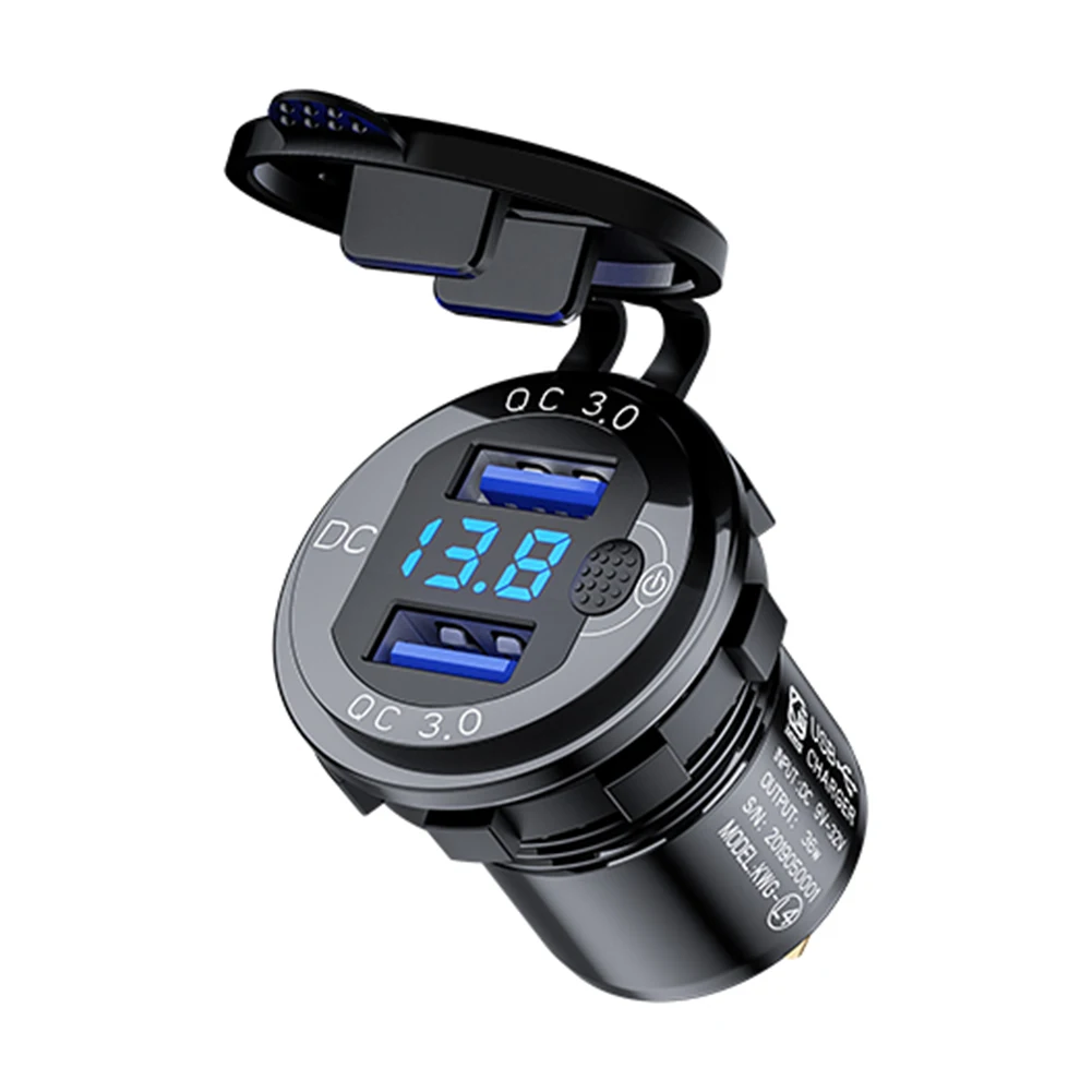 

Dual 3.0 USB Car Charger Quick Charge Socket Adapter Power Outlet with Voltmeter + Switch for 12V-24V Automobile Boat Motorcycle