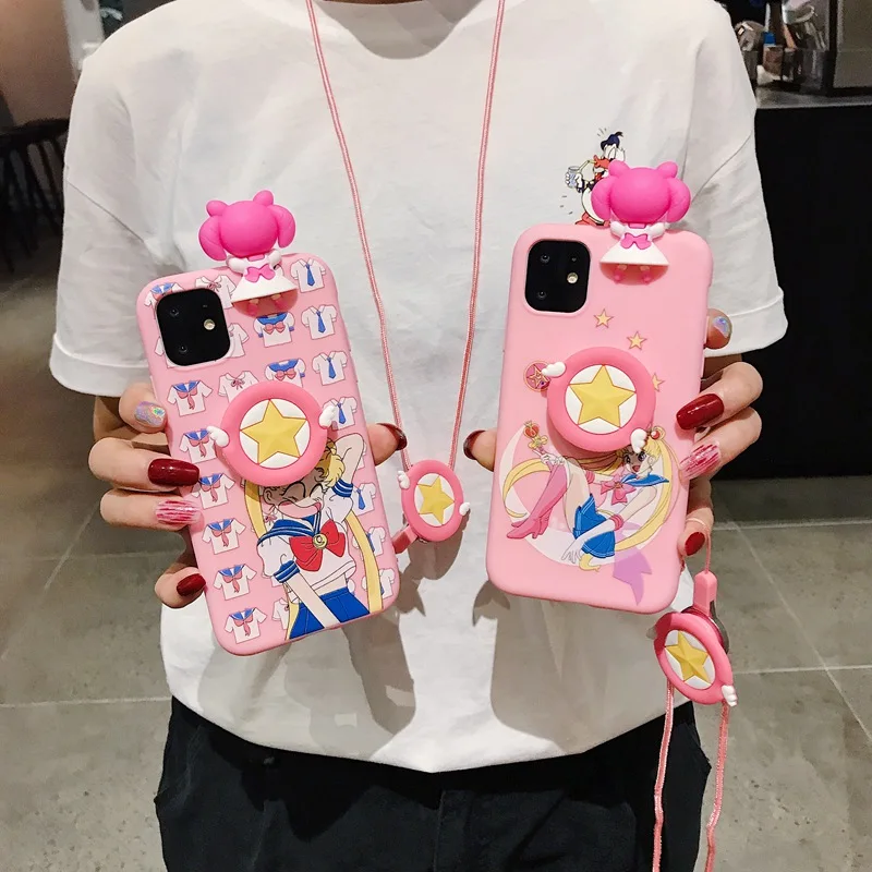 Милый мультяшный Сейлор Мун розовый чехол для телефона для iPhone 11 Pro X 8 7 6s Plus XS Max XR мягкий 3D кукольные игрушки стенд ремешок задняя крышка