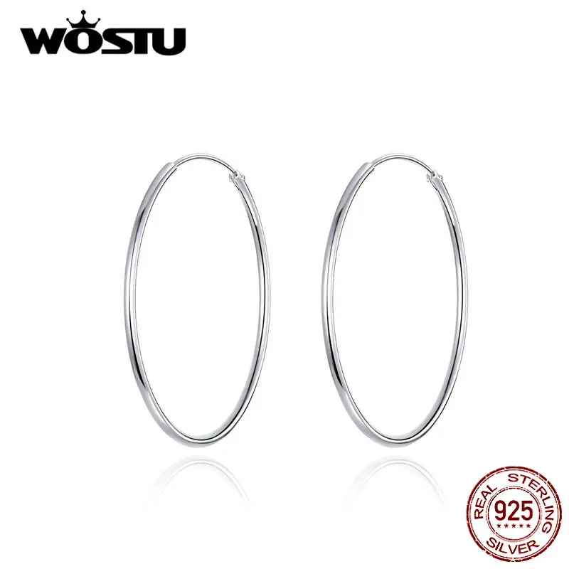 WOSTU 925 пробы серебряные большой круг обруч серьги для женщин минималистичные простые круглые серьги модные свадебные ювелирные изделия FIE710