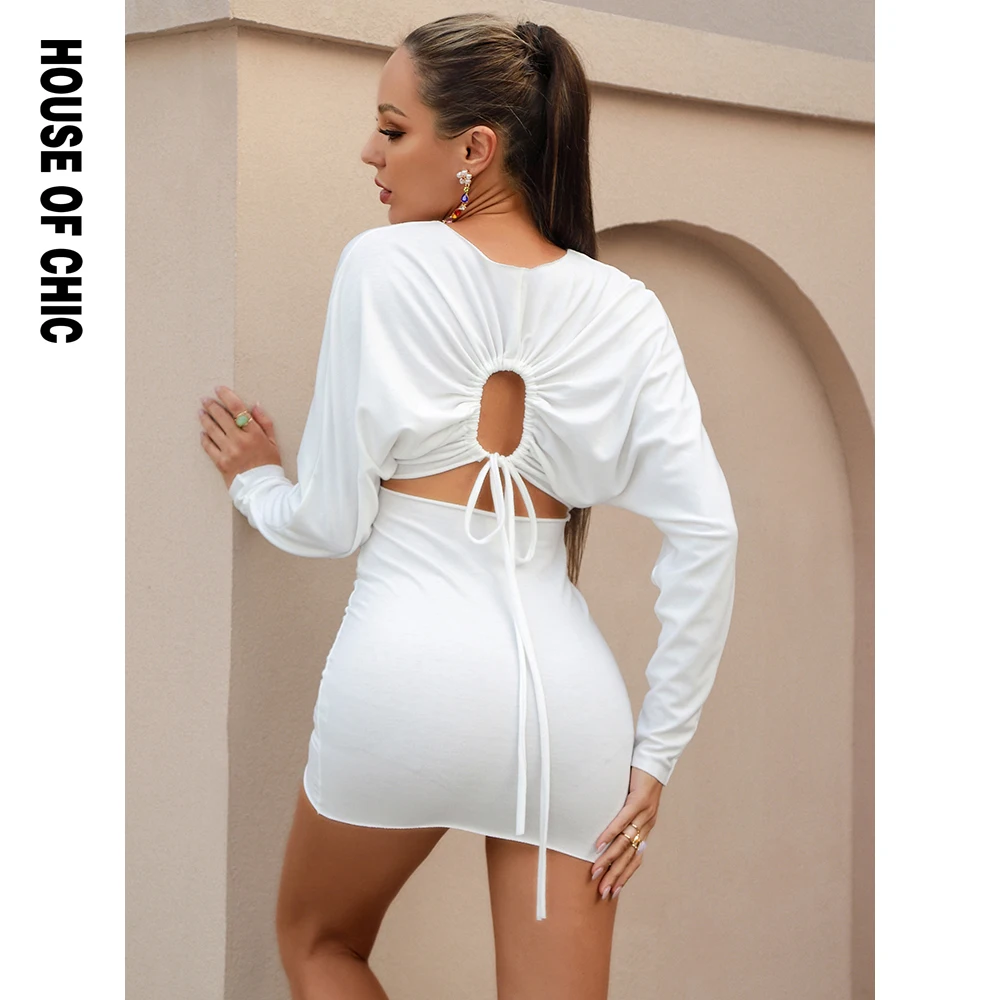 

HOUSE OF CHIC Autumn And Winter New Sexy Long-Sleeved Back Drawstring Knitted Fabric Dress LM98028