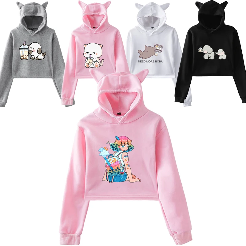 

Kawaii Style Animals Boba Tea Hoodies for Women Streetwear Girls Cat Ear Pink Pullovers Female Cartoon Cat Crop Top Sweatshirt
