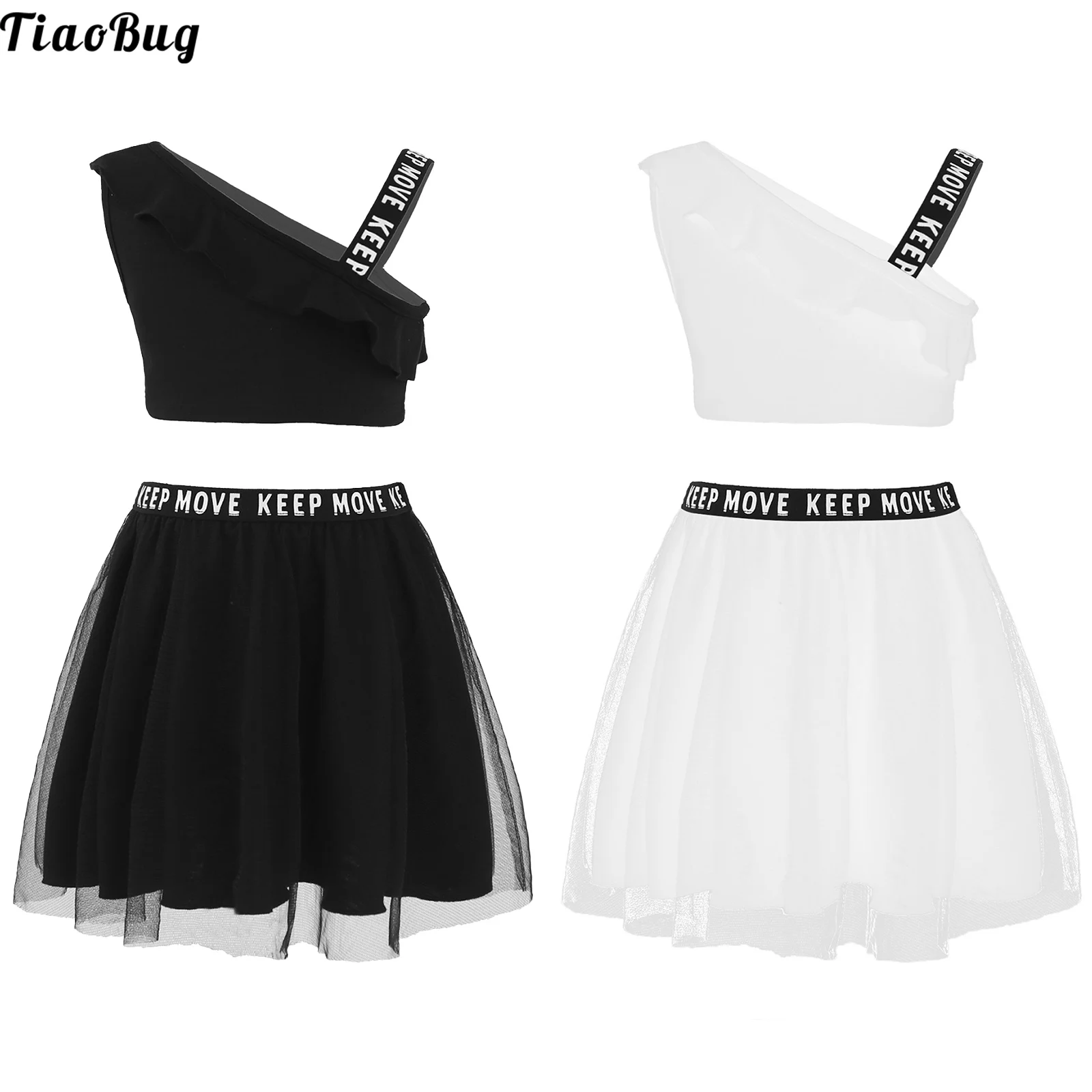 

TiaoBug Summer 2Pcs Kids Girls Sports Suit Asymmetric Shoulder Single Strap Ruffle Trim Crop Tops And Letters Mesh Skirt Sets