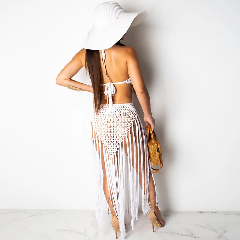 2021 сексуальный вязаный крючком пляжный накидка с длинной кисточкой купальник