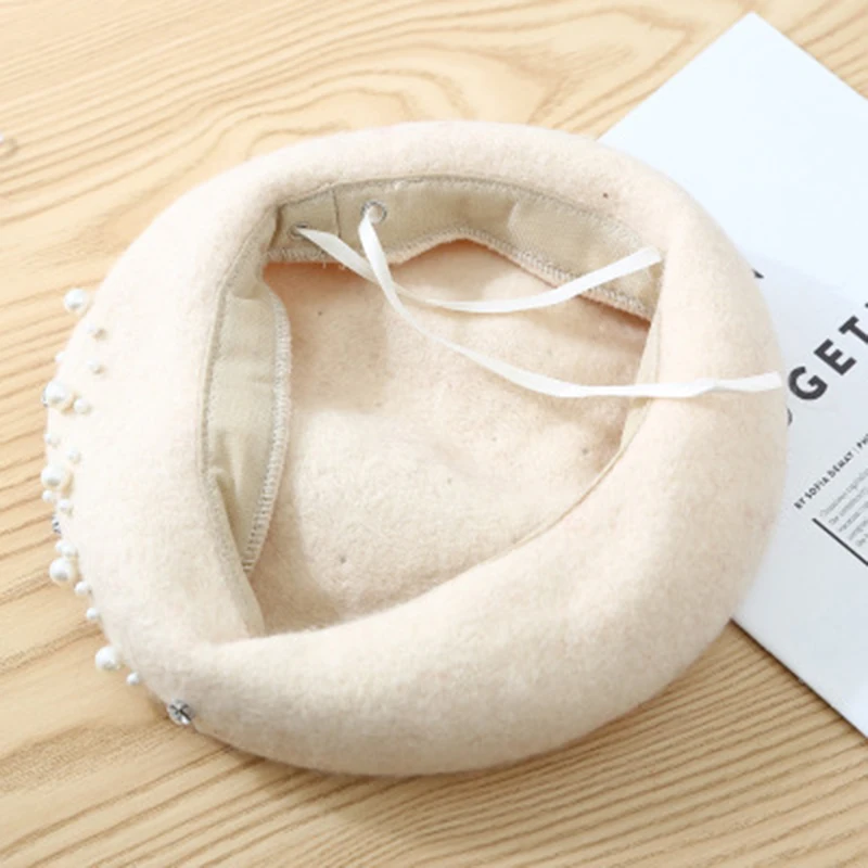 Осенне-зимний шерстяной вязаный берет Стразы с жемчугом шерстяная шапка