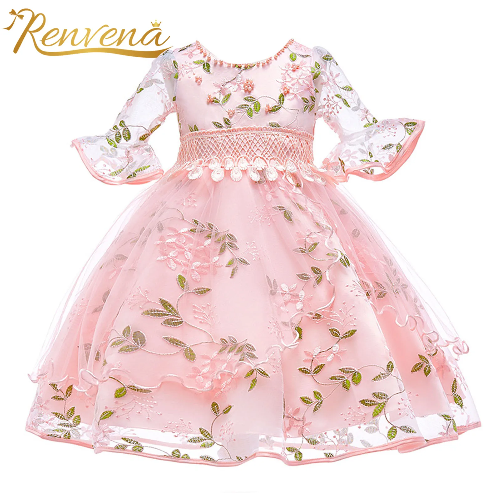 

Girls Flower Dresses See Through Mesh Flared Half Sleeve Floral Lace Birthday Dress Kids Party Gown Princess Girls Pageant Dress