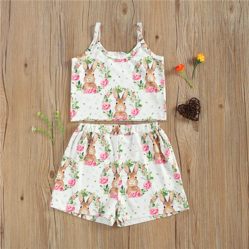

Girl's Two Piece summer casual Set,Children's Rabbit Flower Printing sleeveless square collar Camisole Matching Shorts for Kids