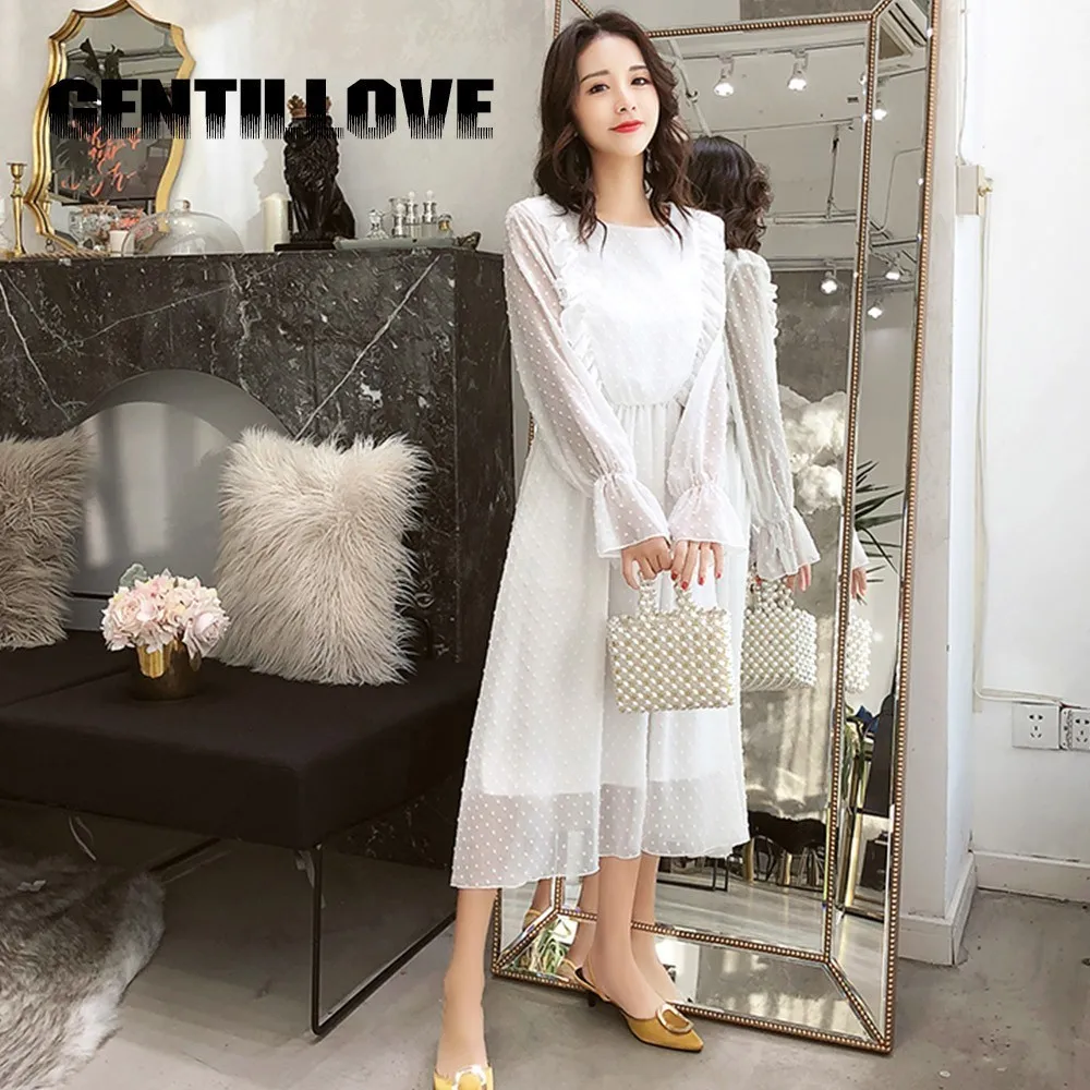 Женское шифоновое платье в горошек с оборками длинные брюки клеш эластичным