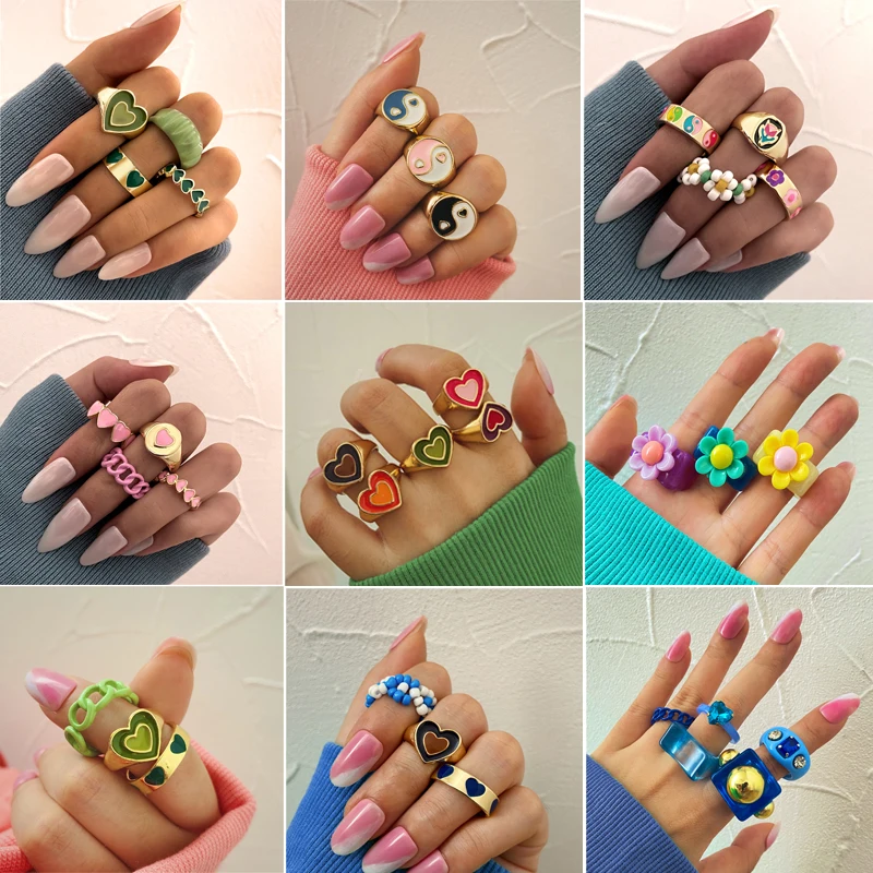 

Creative Golden Heart Rings Set for Women Fashion Pink Green Color Resin Flower Love Heart Ring Wholesale Jewelry