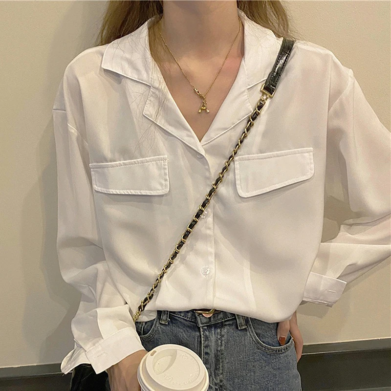 

BETHQUENOY Casual Loose Shirts Autumn Ladies Tops Poleras Mujer Chemise Femme Notched Lapel Pockets Solid Chiffon Blouses Women