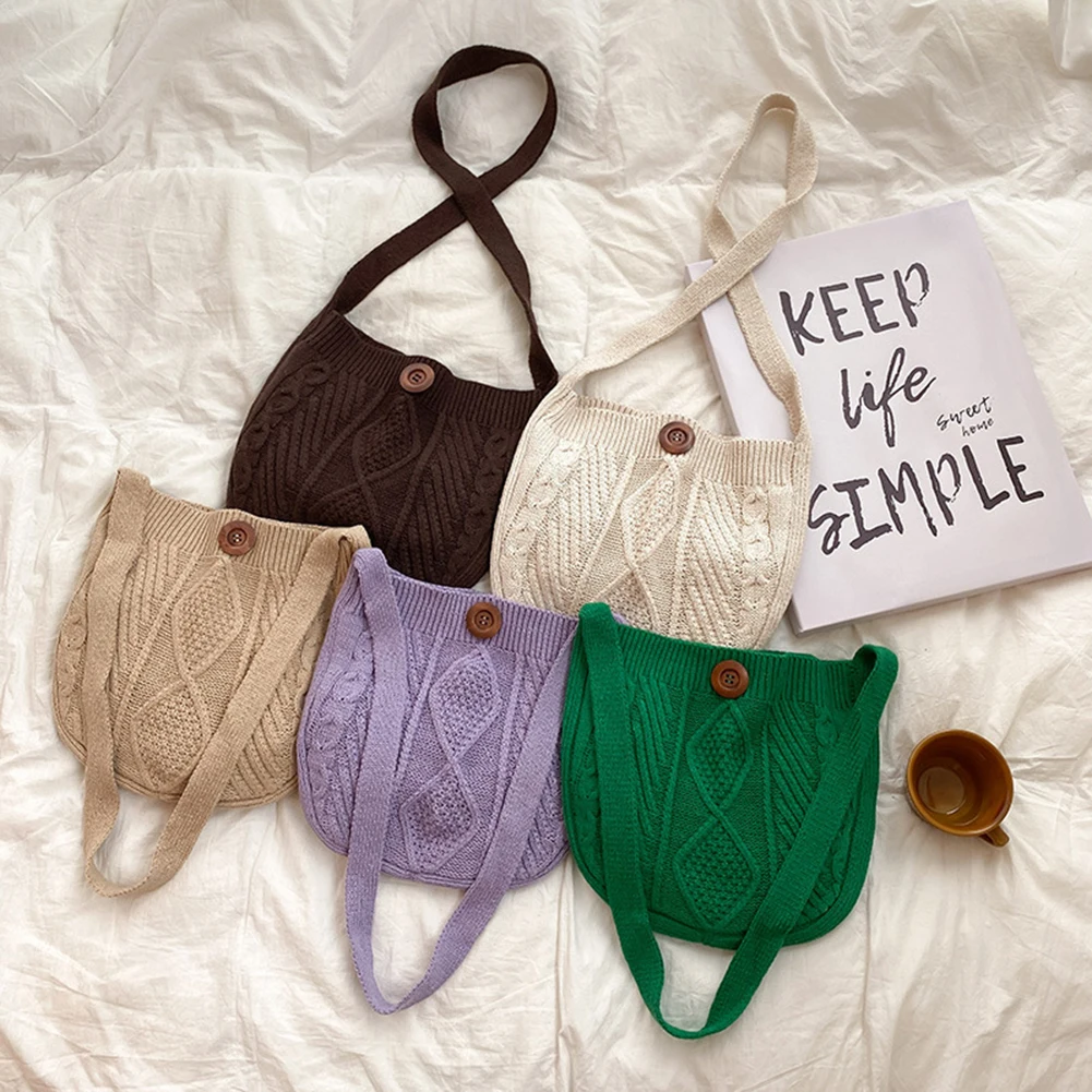 

Изысканная женская сумка, вязаная сумка через плечо на пуговицах, Женская однотонная осенне-зимняя вместительная сумка через плечо