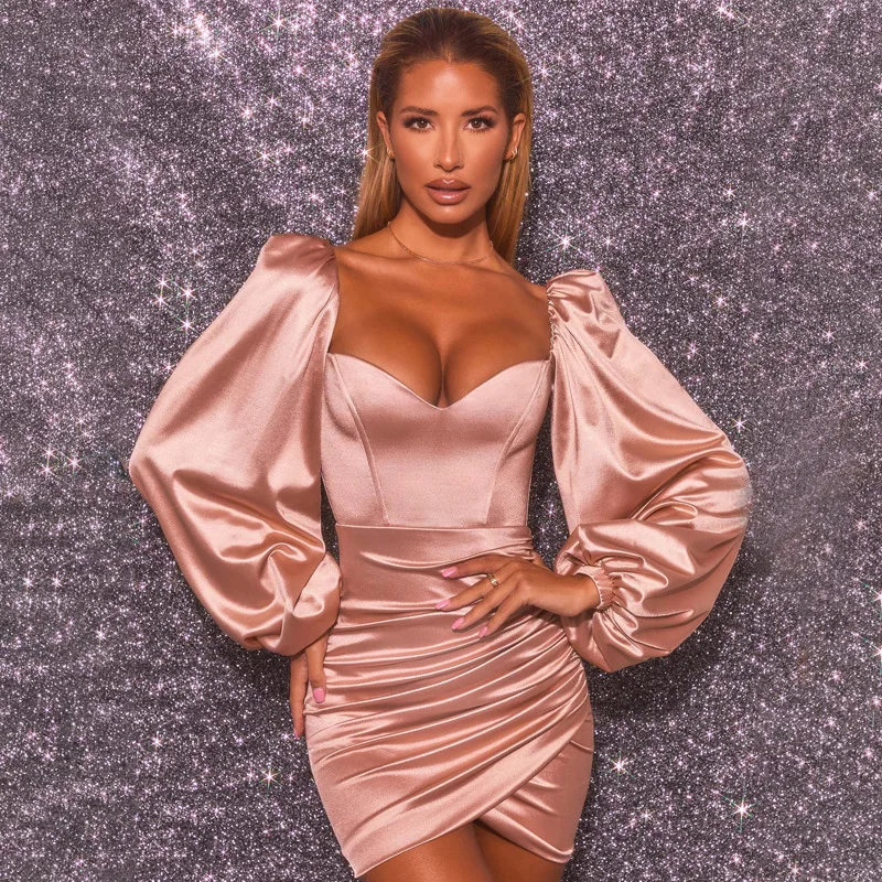 

Long Lantern Sleeve 2020 Winter Dress Women High Quality Satin Mini Sexy Party Dress Strapless Elegant Dresses