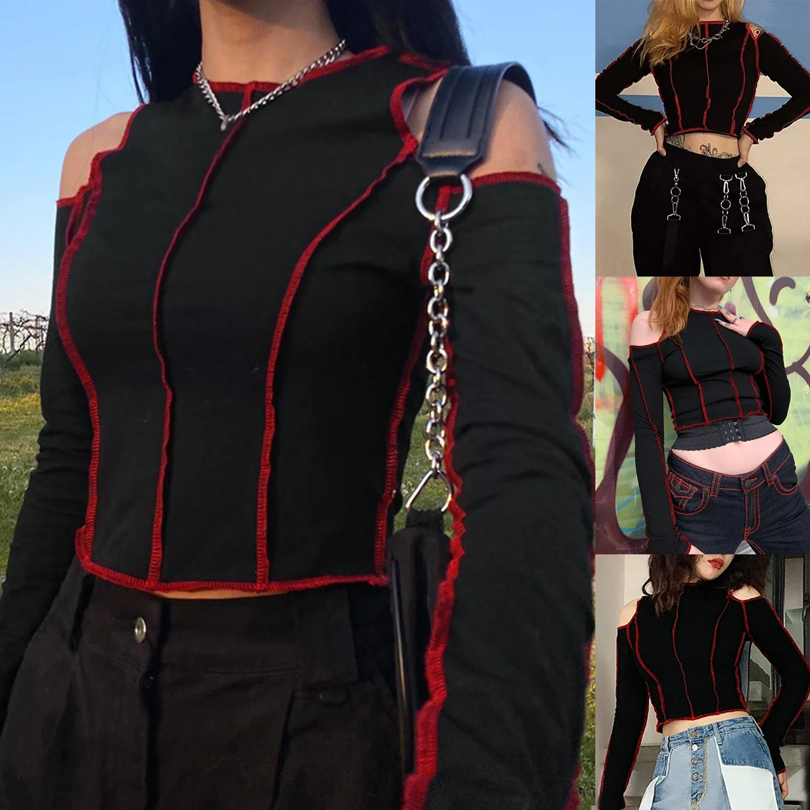 

Women's Fashion Streetwear Patchwork E Girl Shirts Contrast Stitch Crop Top Ropa de mujer Женская одежда Пальто Saco manteau