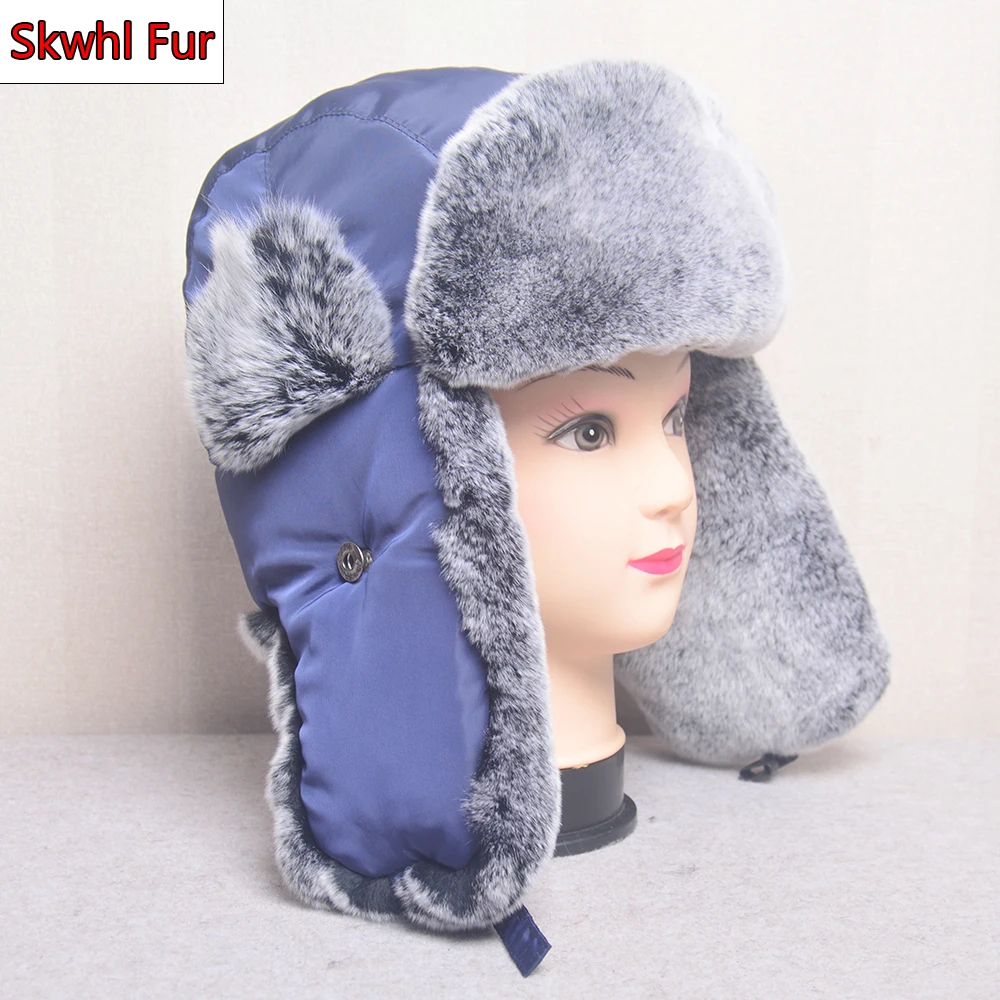 

Winter Warm Rex Rabbit Fur Cap Man Winter Genuine 100% Fur Bomber Hat Windproof Warm Earmuffs Male Flat Russian Style Hat