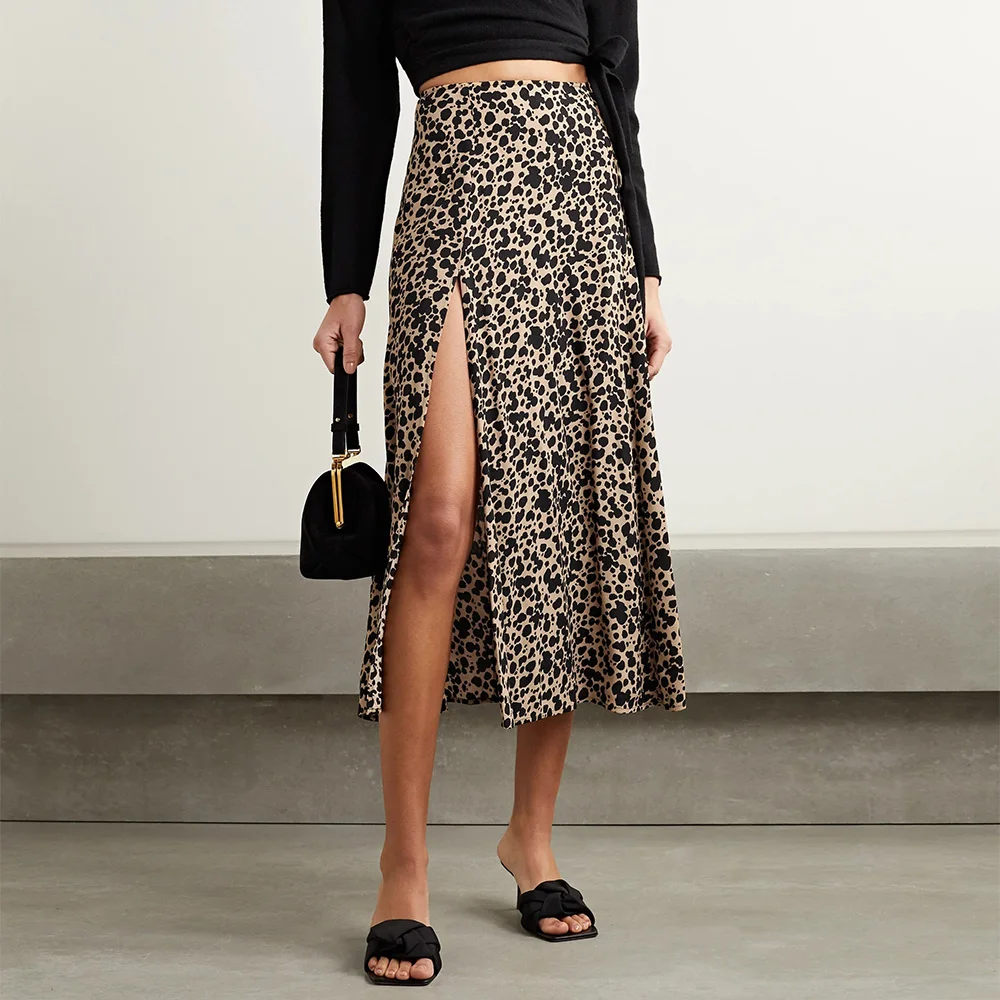 

Skirts Womens 2021 Fashion Women Clothing Elegant Sexy Side Slit Leopard Skirt High Waist Back Zipper Summer A Line Midi Skirt