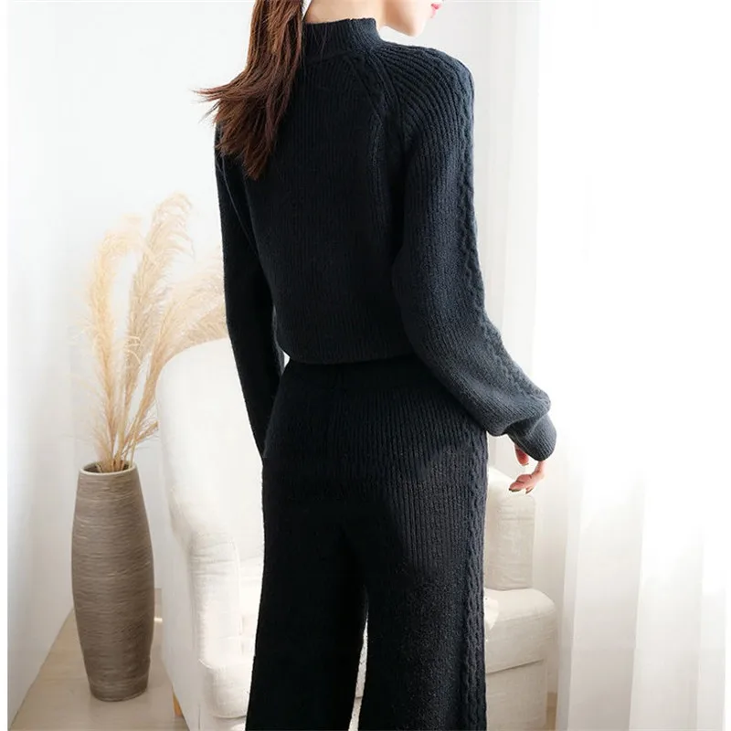 

CBAFU high quality autumn winter two piece set women knitted set long sleeve pullovers sweater set wide legs pants solid F944