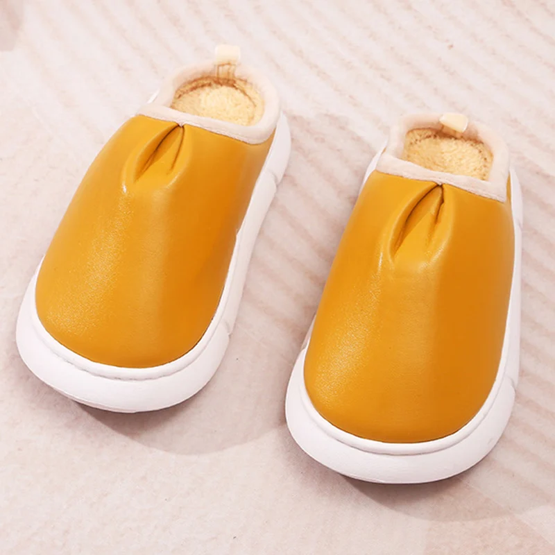 

Women Waterproof Leather Slippers Faux Fur Splicing Home Slipper Unisex Outdoor Shoes Winter Indoor Warm Plush Couples Slides