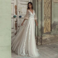 flare long sleeves lace appliques a line wedding dress beautiful long tulle lace backless sexy bridal gowns formal 2021 custom