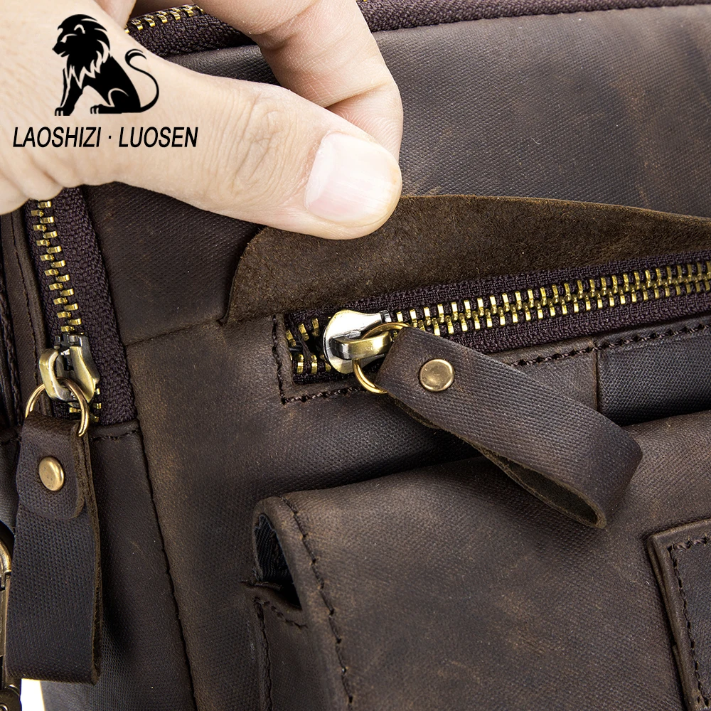 LAOSHIZI LUOSEN Vintage Men Briefcase Oil Wax Genuine Leather Tote Bag Crossbody Messenger Shoulder Bags Handbags 91501 | Багаж и сумки