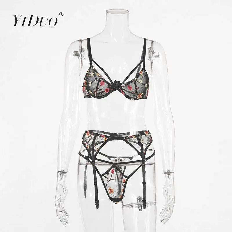 

YiDuo Flowers Embroidery Lingerie Club Black Sexy Lace Transparent Bra Underwear Set Women Push Up Underwire 3 Piece Bra Sets