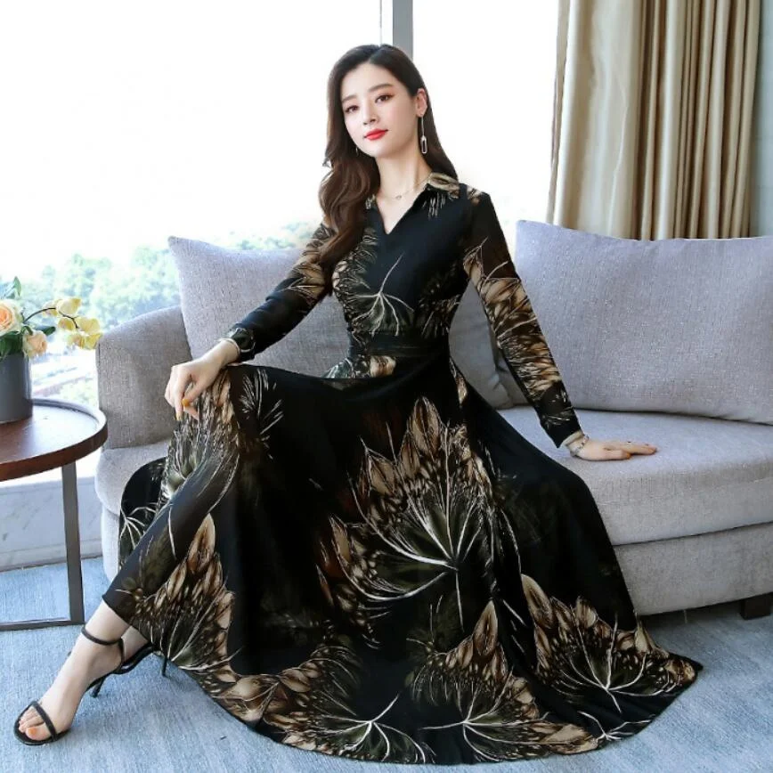 

New Women Graceful Chiffon Maxi Dress Long Sleeve V-neck Slim Fit Vestido